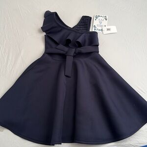 Iris and Ivy navy blue fit and flare ruffle neckline party dress